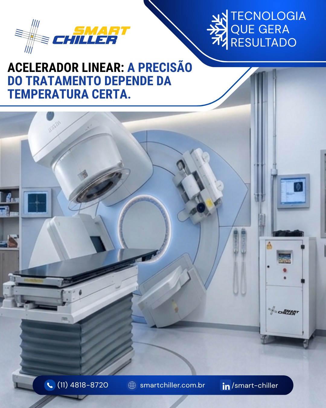 Nos aceleradores lineares, a geração de feixes de radiação gera um volume altíssimo de calor na ampola e nos componentes eletrônicos.

Qualquer oscilação de temperatura pode alterar a estabilidade do feixe e prejudicar a precisão da dose aplicada ao paciente.

O chiller garante o arrefecimento contínuo e estável que o tratamento oncográﬁco exige. Proteja o seu sistema de radioterapia com a Smart Chiller. 🏥

#aceleradorlinear #radioterapia #oncologia #engenhariaclinica #smartchiller